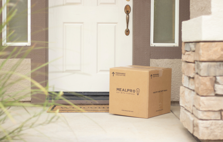 A large brown package is on the ground outside w white front door of a house of a house 