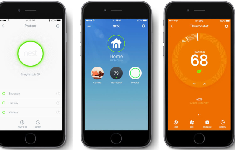 Picture of three home heating control apps on three smart phones